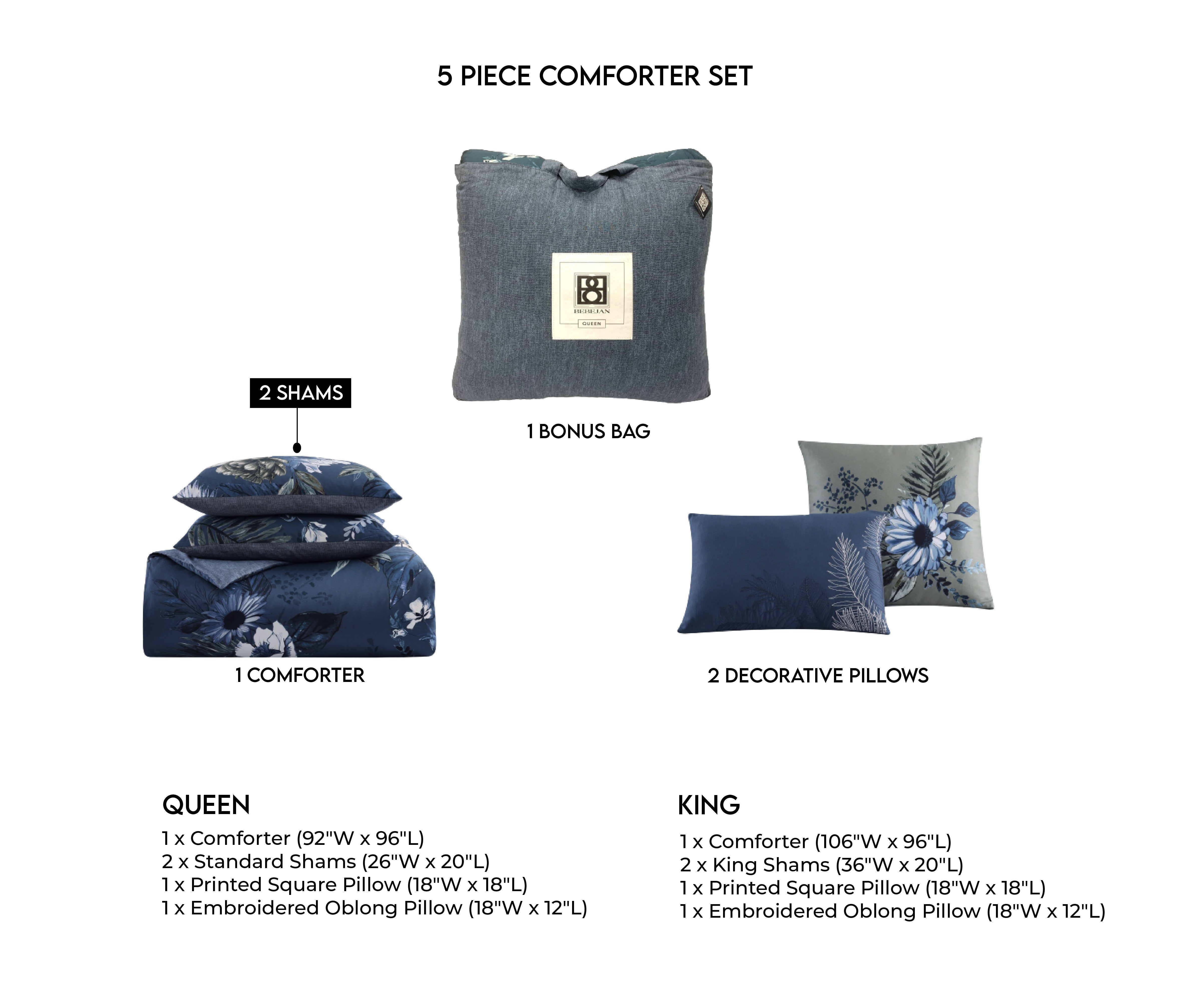 Bebejan Daisy Blue 5 Piece Queen Size Reversible Comforter Set - FINAL SALE