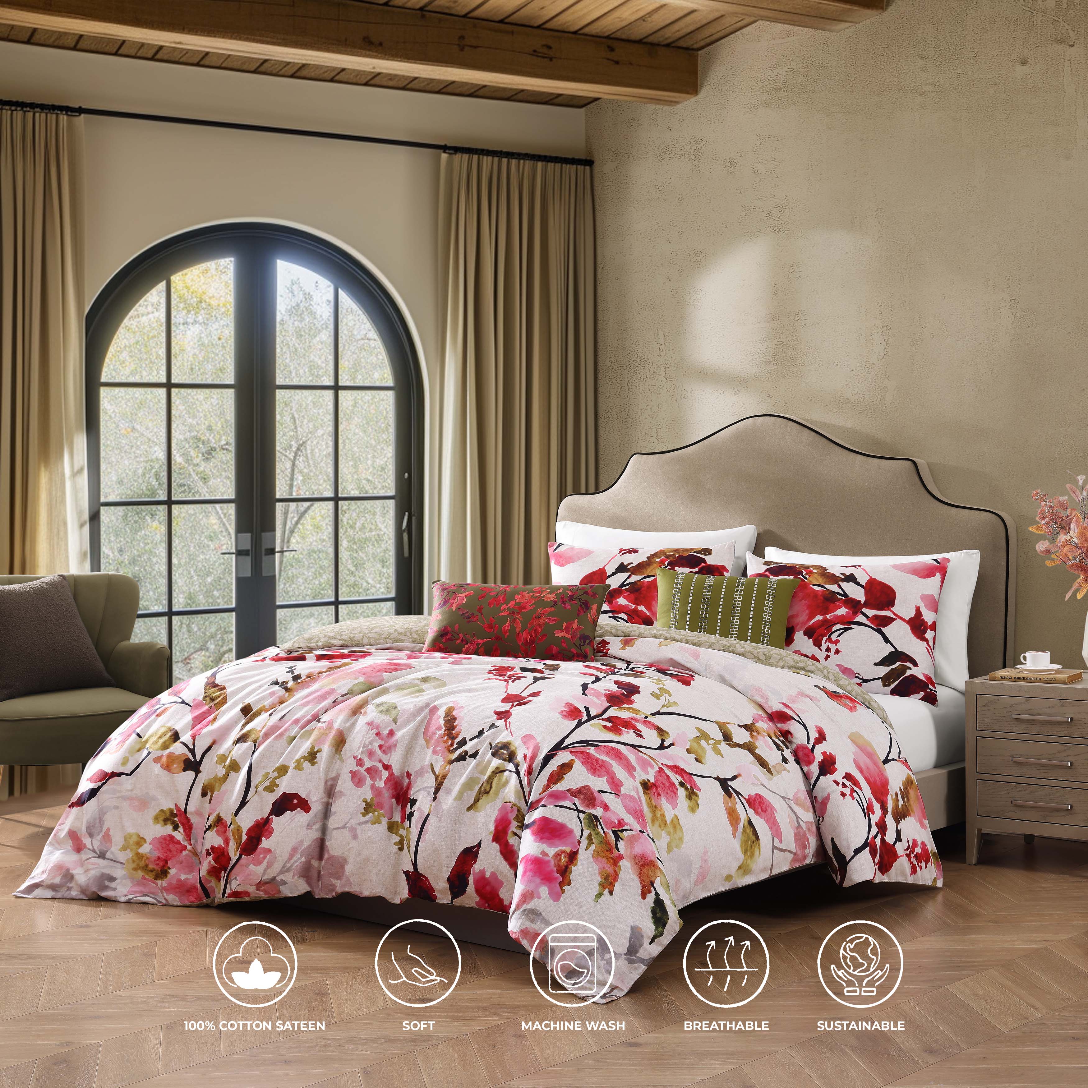 Bebejan Leaves on Linen 3 Piece Reversible Comforter Set in King-Final Sale Comforter Sets By US Office - Latest Bedding