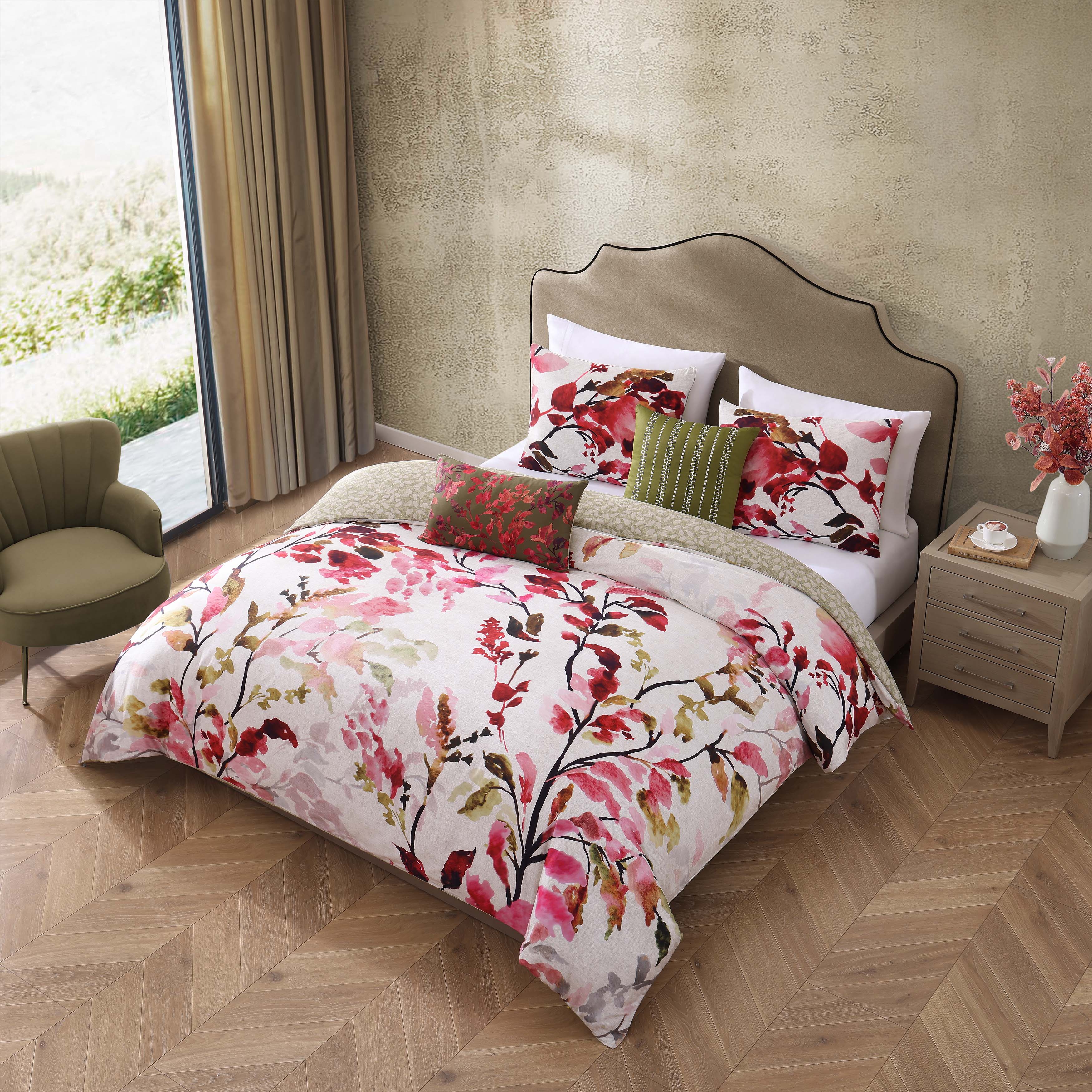 Bebejan Leaves on Linen 3 Piece Reversible Comforter Set in King-Final Sale Comforter Sets By US Office - Latest Bedding
