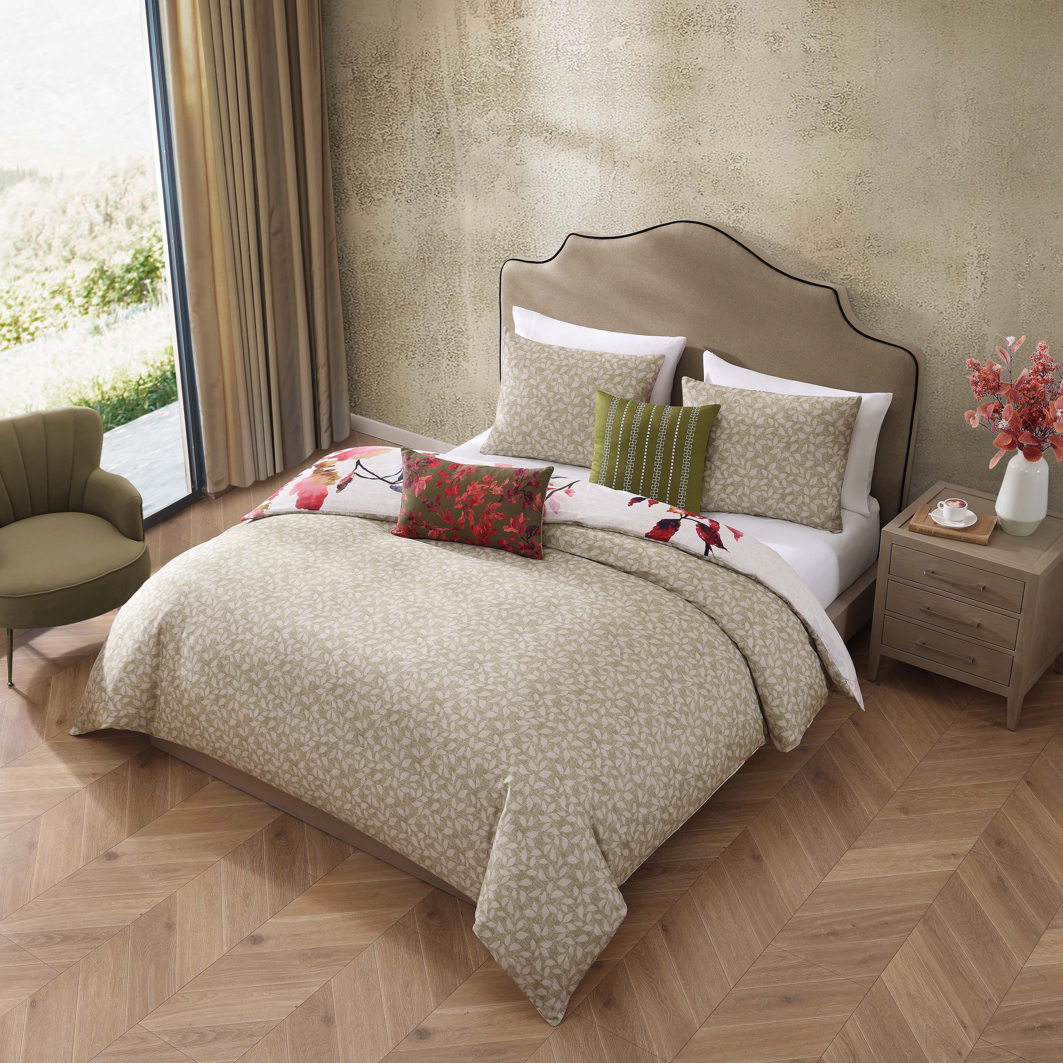 Bebejan Leaves on Linen 3 Piece Reversible Comforter Set in King-Final Sale Comforter Sets By US Office - Latest Bedding