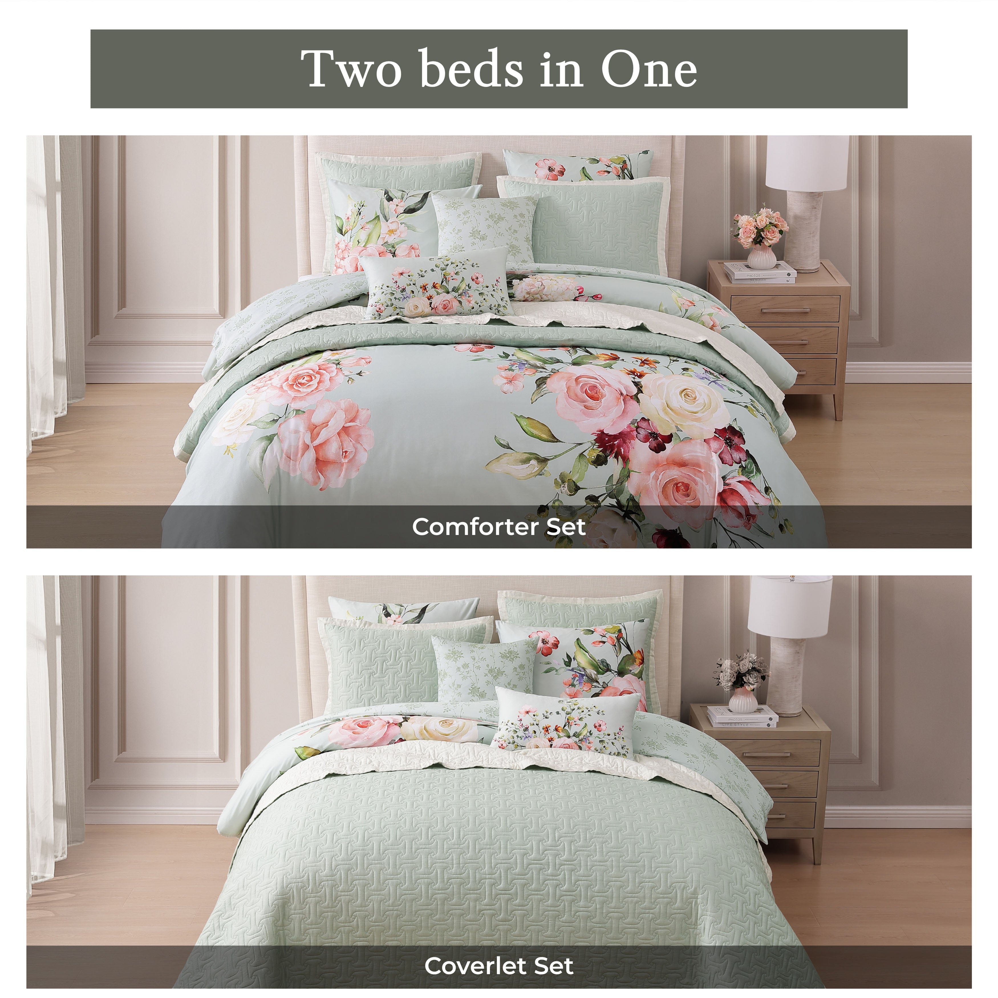 Bebejan Rose on Misty Green 8 Piece Reversible Comforter & Coverlet Set