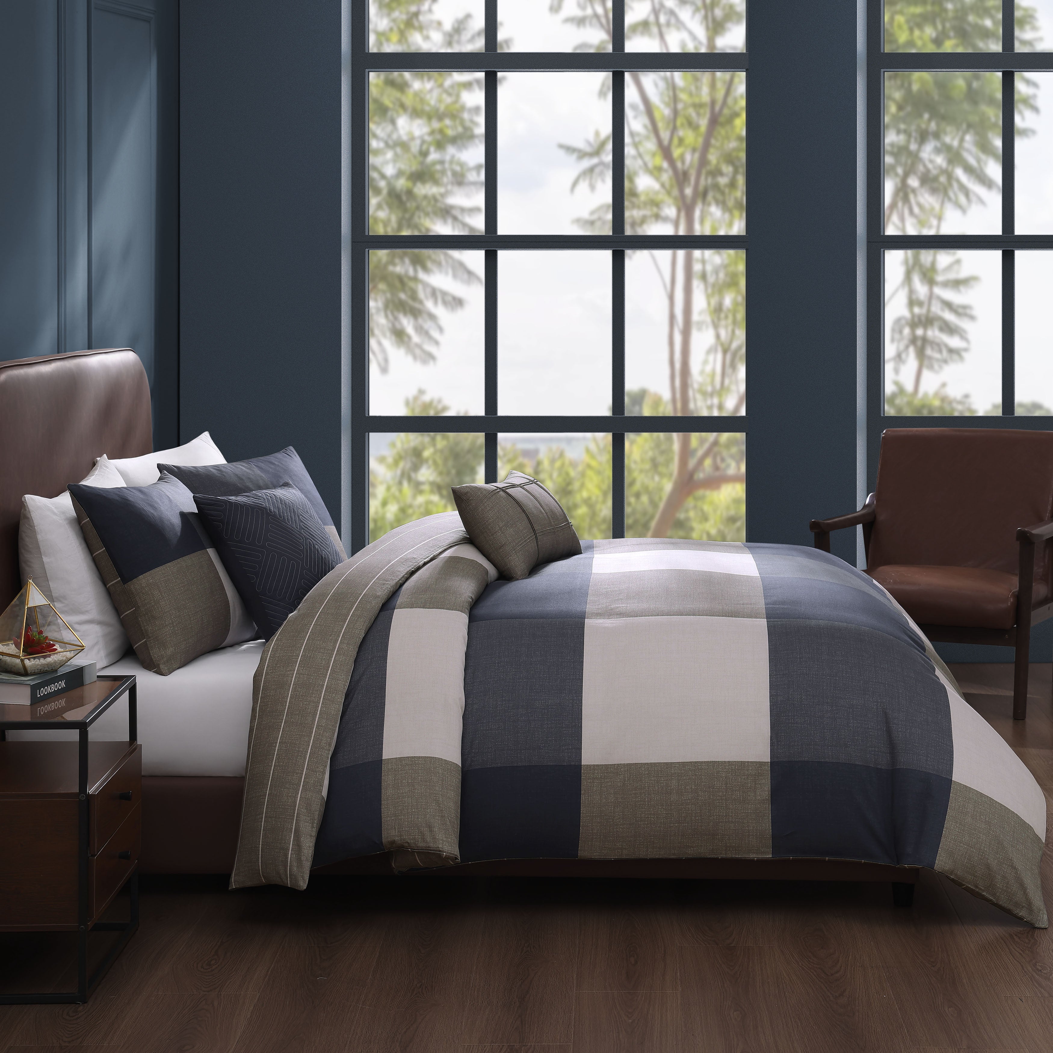Bebejan Checkered Navy Tan 5 Piece Reversible Comforter Set