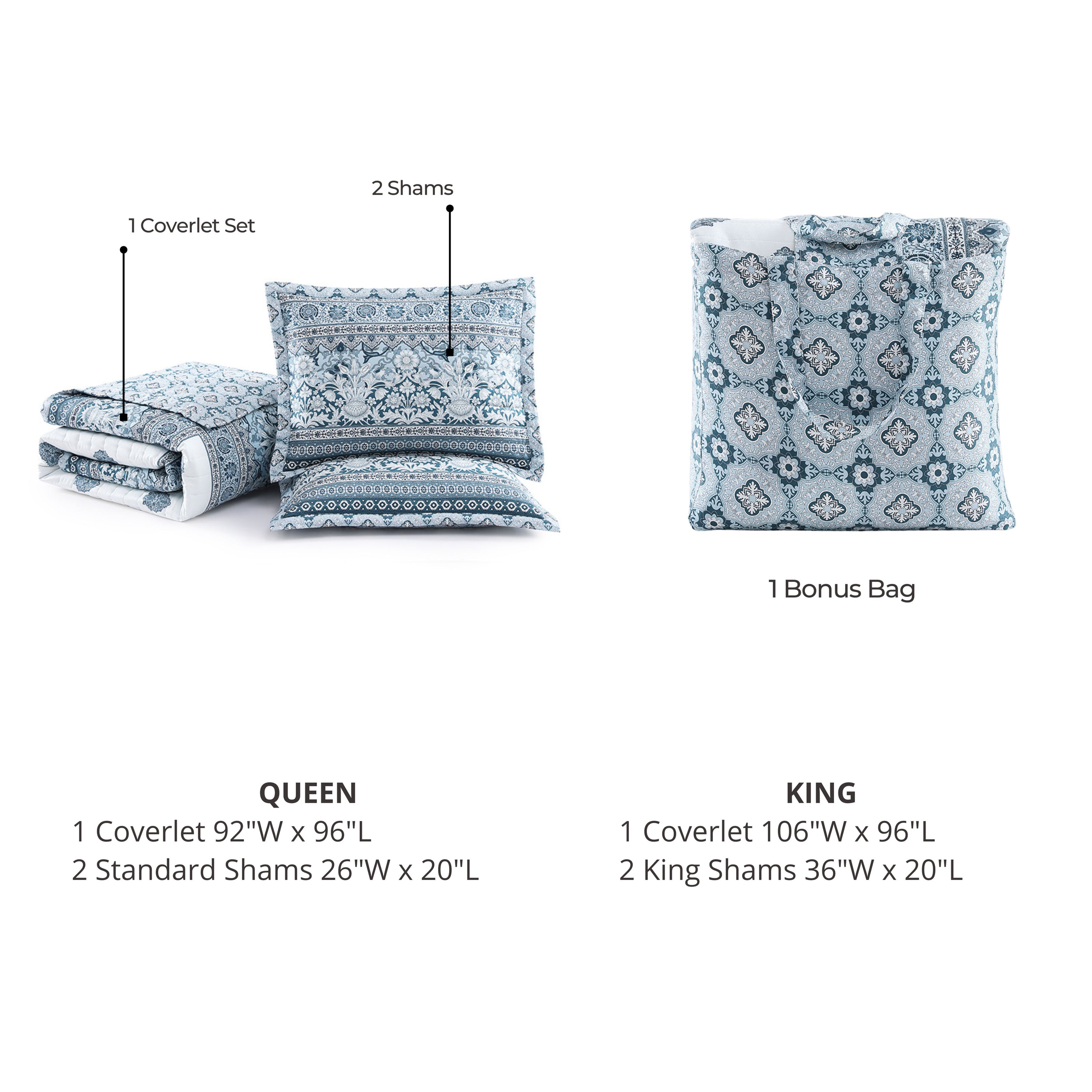 Bebejan Aquamarine Medallion 3 Piece Reversible Quilted Coverlet Set