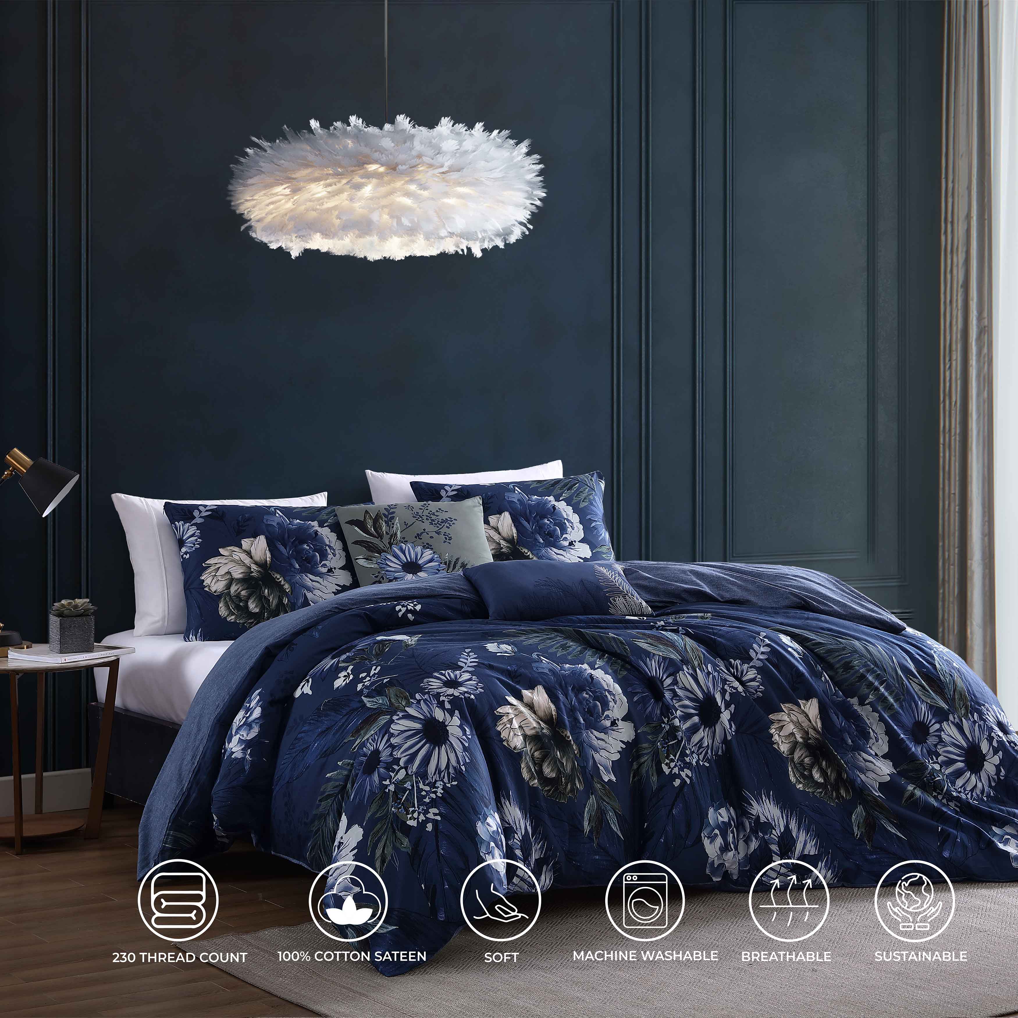 Bebejan Daisy Blue 5 Piece Queen Size Reversible Comforter Set - FINAL SALE