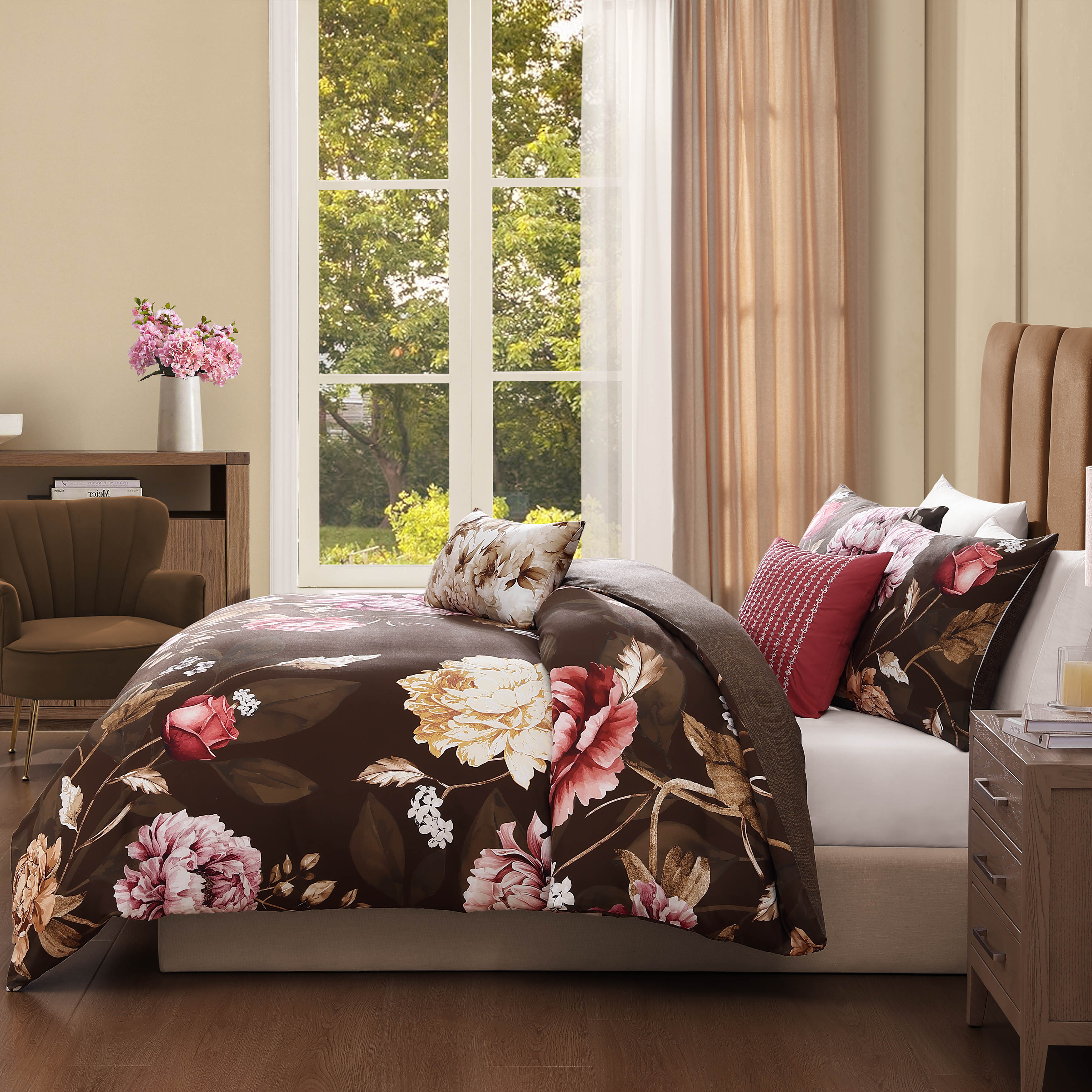 Bebejan Floral Garden on Mocha 5 Piece Reversible Comforter Set