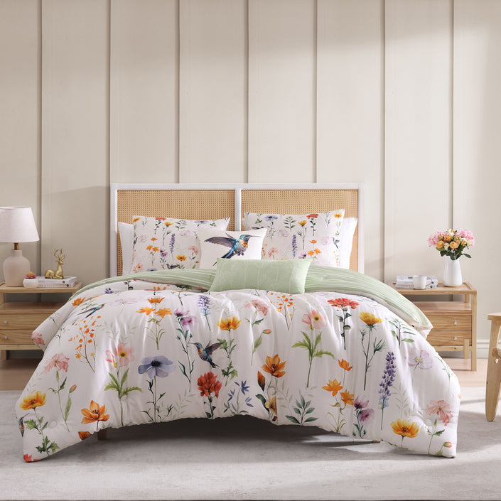 Bebejan Fresh Cut Flowers 200 Thread Count 100% Cotton Sateen 5 Piece Reversible Comforter Set