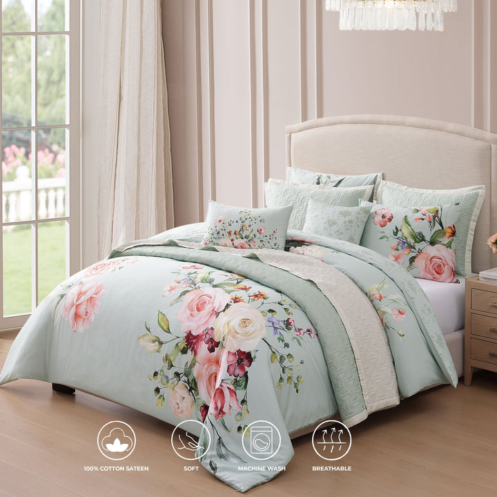Bebejan Rose on Misty Green 8 Piece Reversible Comforter & Coverlet Set