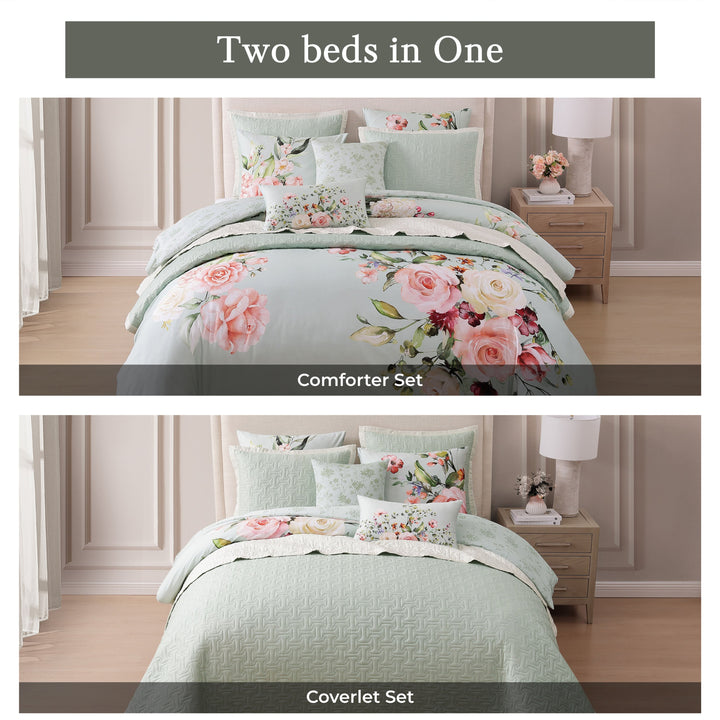 Bebejan Rose on Misty Green 8 Piece Reversible Comforter & Coverlet Set