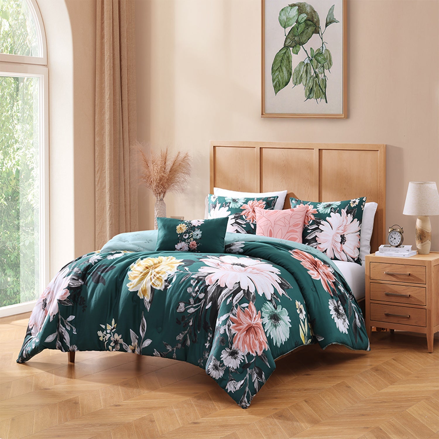 Bebejan Wild Flowers on Teal  5 Piece Reversible Comforter Set