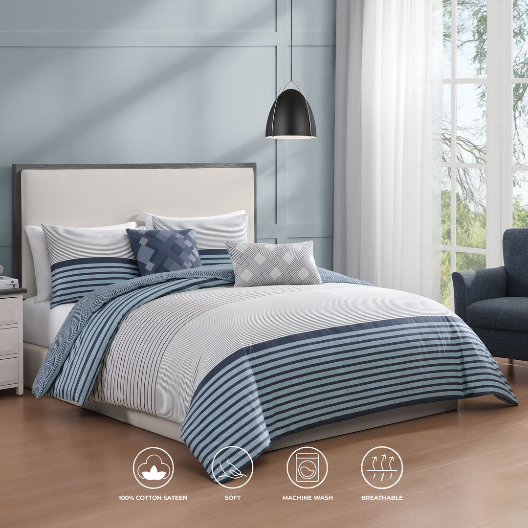 Bebejan Blue Geo Lines 5 Piece Reversible Comforter Set