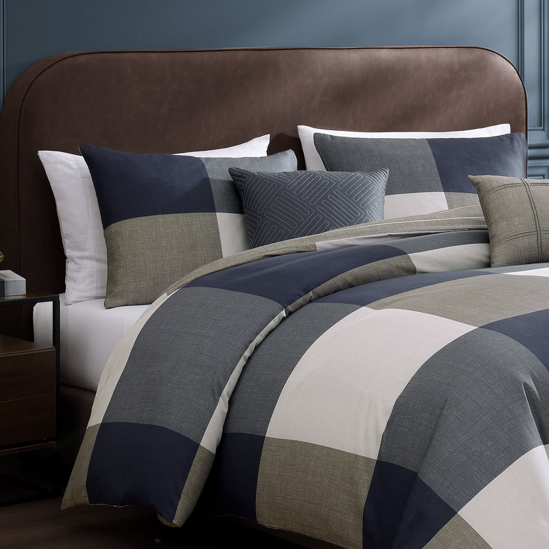 Bebejan Checkered Navy Tan 5 Piece Reversible Comforter Set