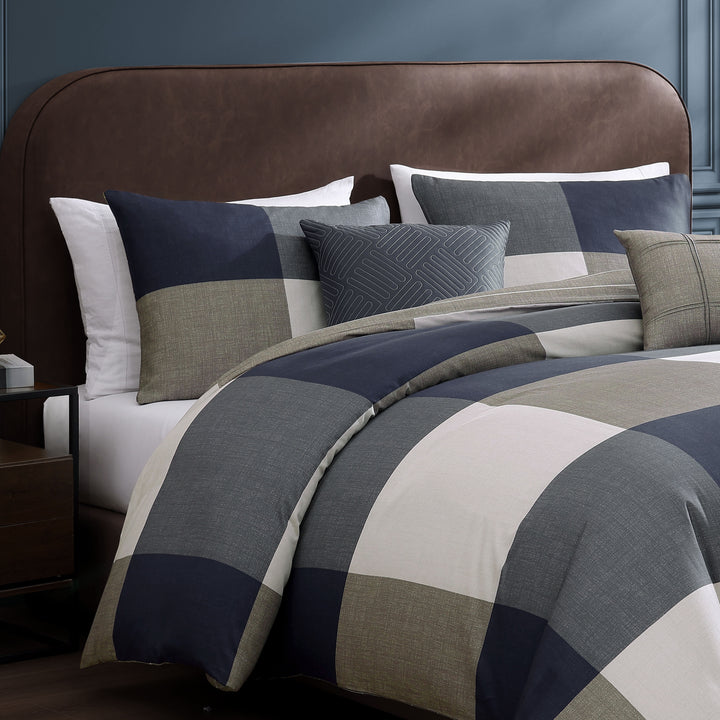 Bebejan Checkered Navy Tan 5 Piece Reversible Comforter Set