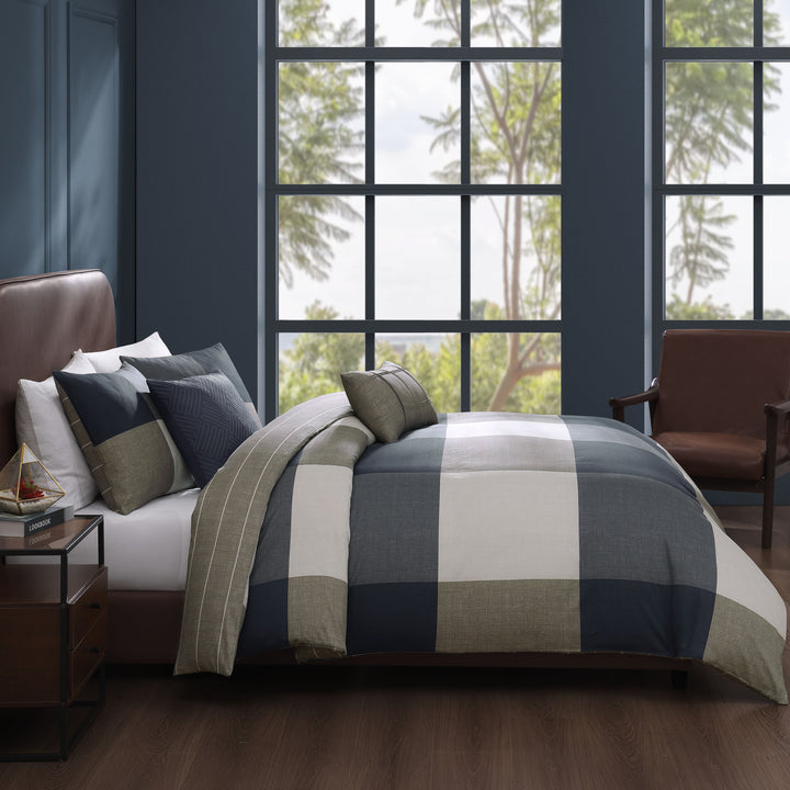 Bebejan Checkered Navy Tan 5 Piece Reversible Comforter Set