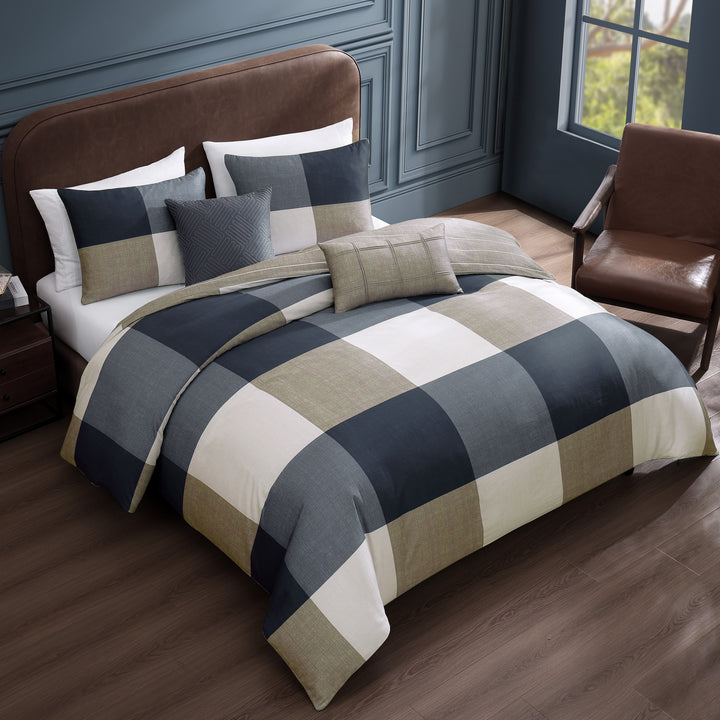 Bebejan Checkered Navy Tan 5 Piece Reversible Comforter Set