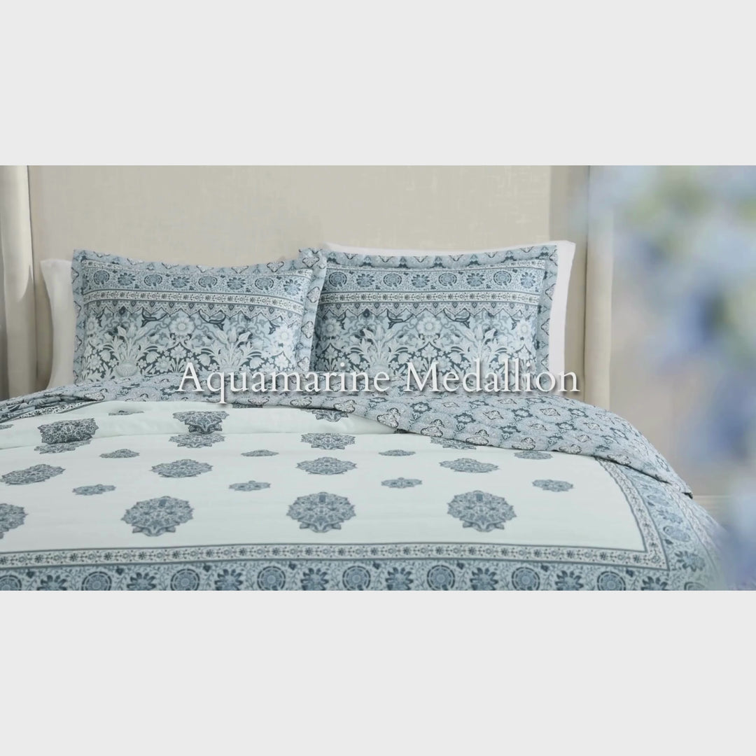 Bebejan Aquamarine Medallion 3 Piece Reversible Quilted Coverlet Set