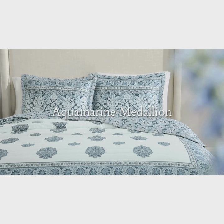 Bebejan Aquamarine Medallion 3 Piece Reversible Quilted Coverlet Set