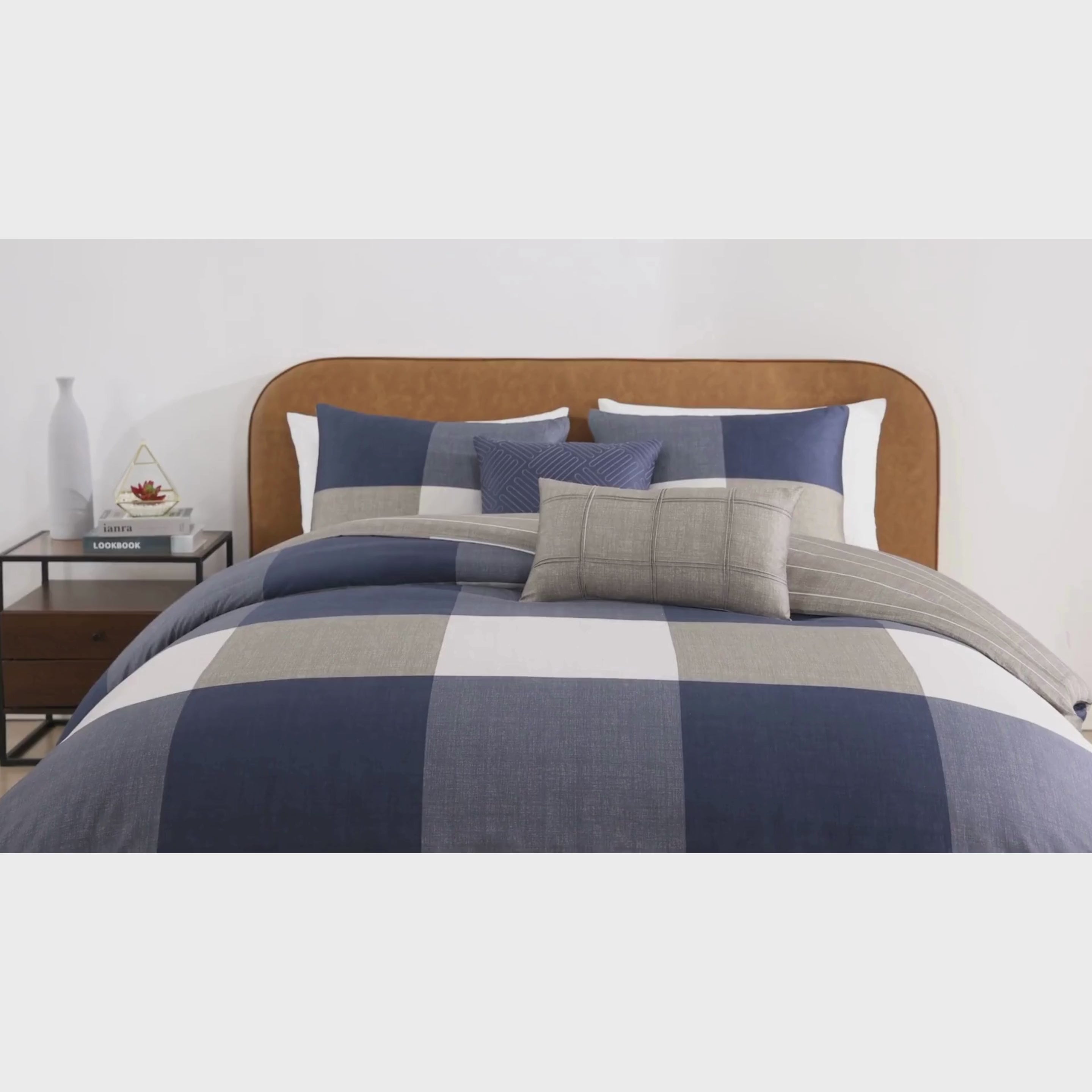 Bebejan Checkered Navy Tan 5 Piece Reversible Comforter Set