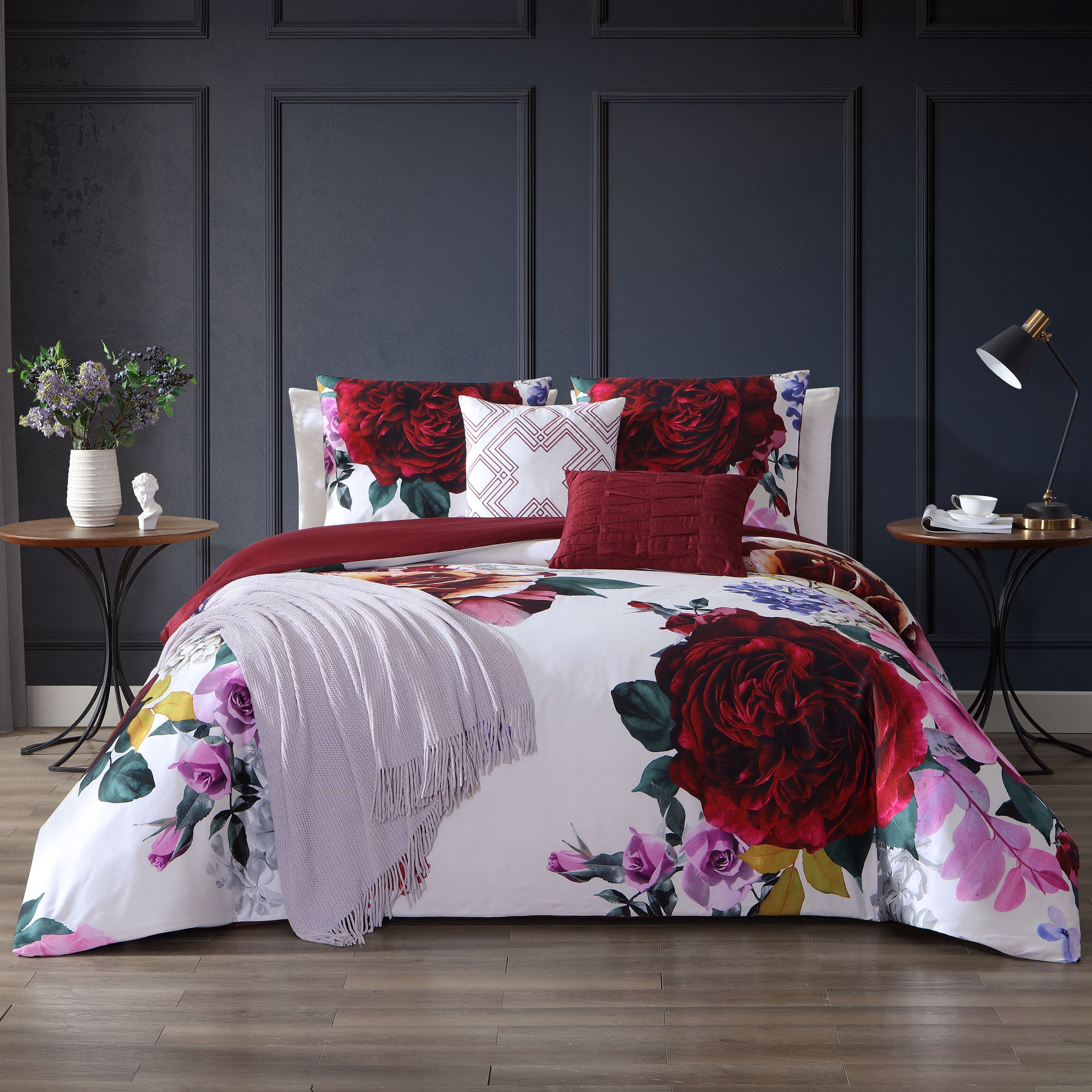 Bebejan Magenta Floral 100% Cotton 5 Piece Reversible Comforter Set