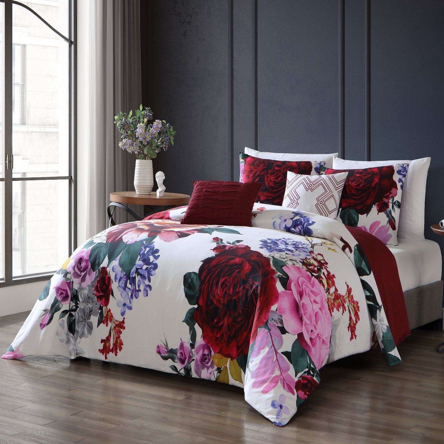 Bebejan Magenta Floral 100% Cotton 5 Piece Reversible Comforter Set