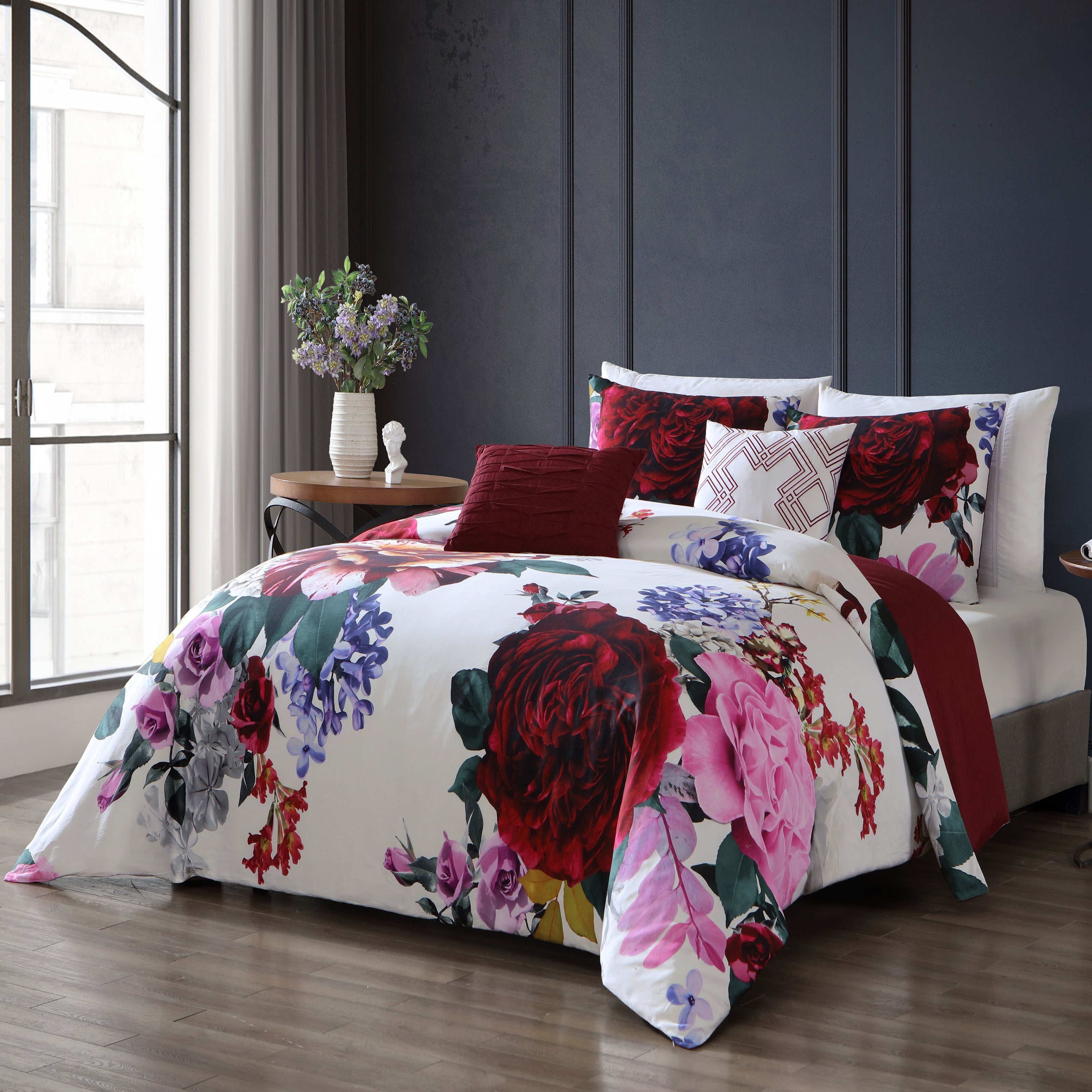 Bebejan Magenta Floral 100% Cotton 5 Piece Reversible Comforter Set