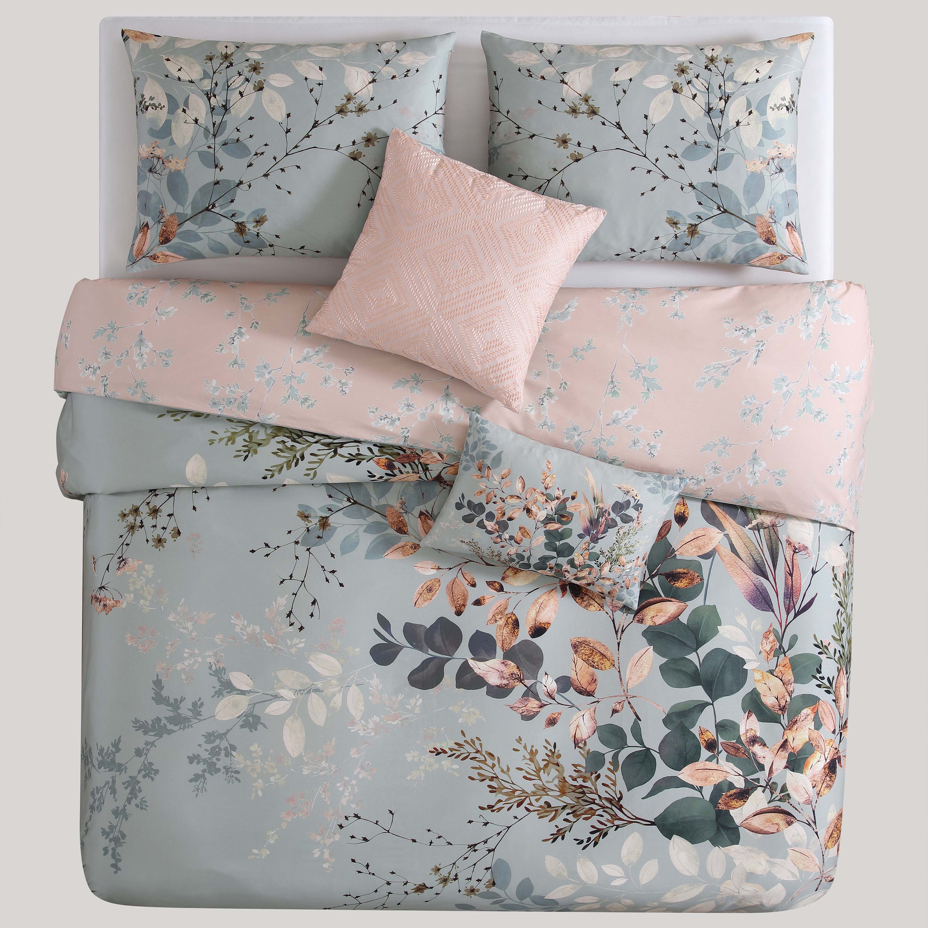 Bebejan Peach Leaves on Sage 100% Cotton 5-Piece Reversible Comforter Set Comforter Sets By Bebejan®