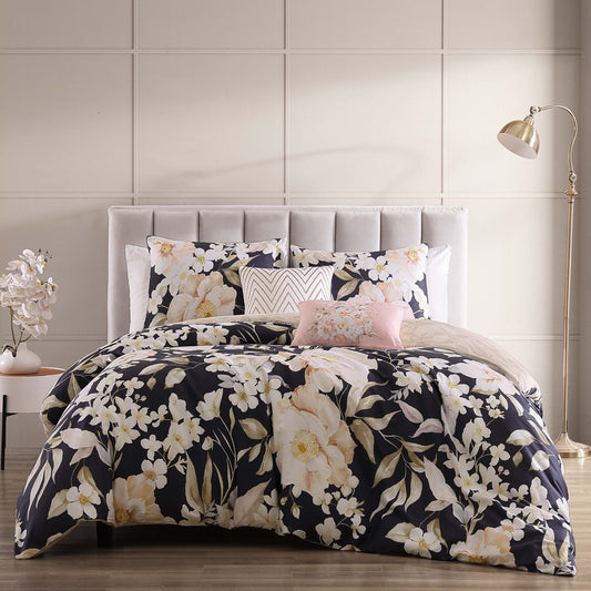 5 Piece Reversible Comforter Set Floral Watercolor Design Bedding